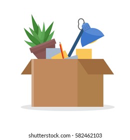 Office Cardboard Box With Stuff, Documents, Plant, Lamp. Moving Into A New Office. Flat Style Vector Illustration.