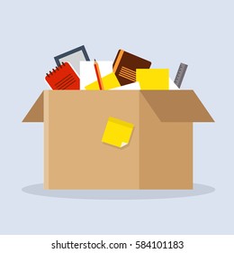 Office cardboard box with stuff, documents, plant, lamp. Moving into a new office. Flat style vector illustration.