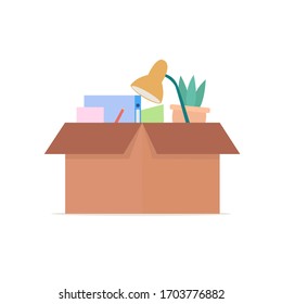 Office cardboard box with trifles, documents, plant, lamp. Moving to a new office. Flat style vector illustration.