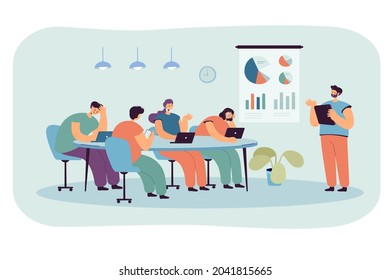 Office cartoon people listening to boring presentation. Speaker or manager giving tiresome lecture to audience flat vector illustration. Business meeting or training for banner or landing web page