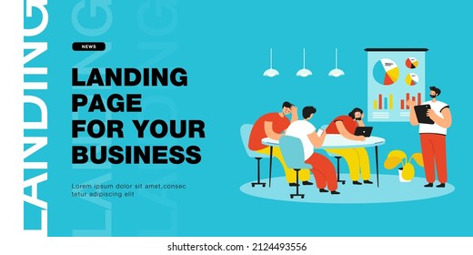 Office cartoon people listening to boring presentation. Speaker or manager giving tiresome lecture to audience flat vector illustration. Business meeting or training for banner or landing web page