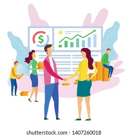 Office Cartoon People Team Analysys Financial Data Progress Man Shake Hand Woman Vector Illustration. Worker Employee Hire Buy Operating Business Sell Mobile Application Sucess Management