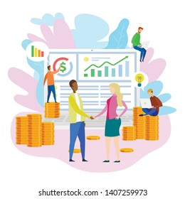 Office Cartoon People Team Research Financial Profit Graph Growth on Notebook Man Shake Hand Woman Vector Illustration. Buy Operating Business Sell Mobile Application Internet Service Money Investment