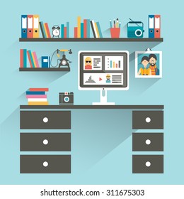 Office cartoon workplace with computer and book shelves. Flat design vector illustration. 