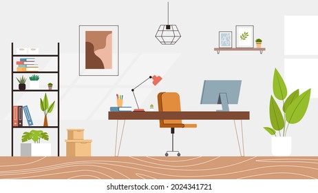 Office cartoonish interior. Cozy workplace in flat style vector illustration