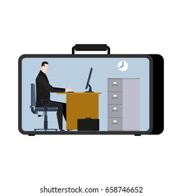 Office in case. mobile Workplace in suitcase. Manager at work. Businessman sitting at table. Working on computer
