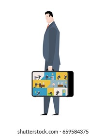 Office in case. mobile Workplace in suitcase. Managers working on computer. Business situation. Boss and subordinate relationship. Tables and File Cabinet. Businessman at work