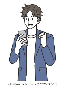 Hombre casual de la oficina que celebra mientras que mira la ilustración del smartphone
