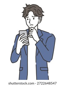 Office Casual Man Preocupado enquanto olha para Smartphone