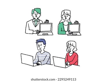 Office casual person set explaining with a person using a personal computer