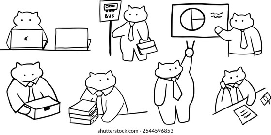 Office Cats: Cute Hand-Drawn Set | Minimalist Doodle Vector for Work and Cat-Themed Designs