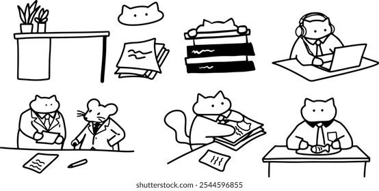 Gatos de oficina: lindo conjunto dibujado a mano | Vector Doodle minimalista para el trabajo y Diseños temáticos de gatos