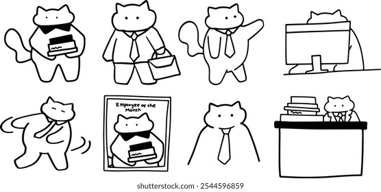 Office Cats: Cute Hand-Drawn Set | Minimalist Doodle Vector for Work and Cat-Themed Designs
