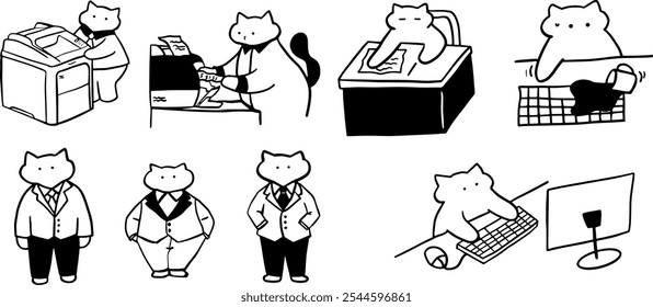 Gatos de oficina: lindo conjunto dibujado a mano | Vector Doodle minimalista para el trabajo y Diseños temáticos de gatos