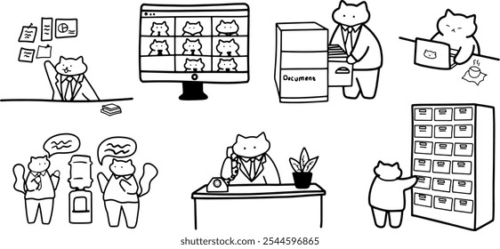 Office Cats: Cute Hand-Drawn Set | Minimalist Doodle Vector for Work and Cat-Themed Designs