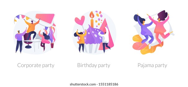 Office celebration, anniversary congratulations, girlfriends sleepover icons set. Corporate party, birthday party, pajama party metaphors. Vector isolated concept metaphor illustrations