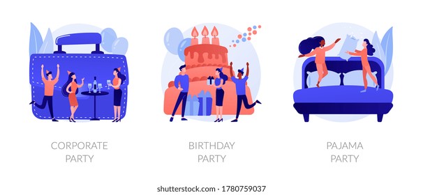 Office celebration, anniversary congratulations, girlfriends sleepover icons set. Corporate party, birthday party, pajama party metaphors. Vector isolated concept metaphor illustrations