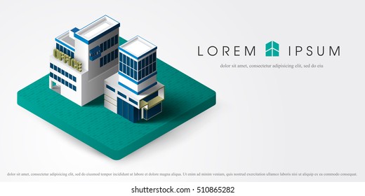 Office center building facade with shadows on white background vector illustration. isometric office building. 3d isometric building vector illustration element for city.