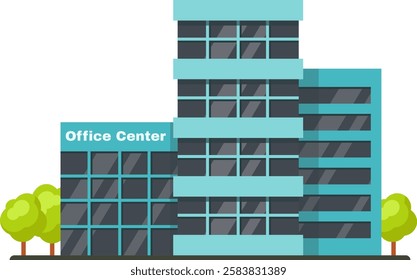 Office center building featuring dark windows and light blue walls, surrounded by two trees, embodying themes of business, finance, and urban development in a modern cityscape