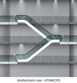 Office center or shopping center with an escalator. Vector illustration