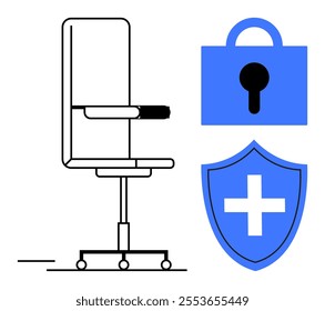 Office chair accompanied by lock and shield with a cross icons. Ideal for security, healthcare, workplace safety, office ergonomics, and data protection themes. Simple and modern style