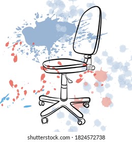 Office chair with a back in the style of a linear drawing, sketch. Item for home interior on the background of multi-colored splashes of paint to the BLOB. Vector illustration.