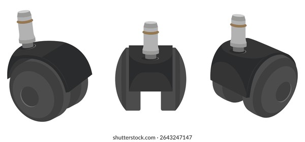 Conjunto de rodas de rodízio de cadeira de escritório. Ilustração vetorial das rodas de rolos de substituição pretas para cadeira de secretária, vista frontal e vista lateral. Isolado no branco.