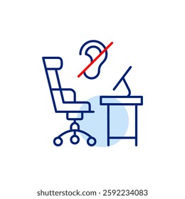 Office chair, computer desk and ear crossed. Hearing impaired workers, inclusive work environment. Confidential discussion or focused work session. Pixel perfect, editable stroke vector icon