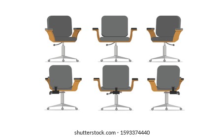 Office chair design with different points of view, used for interior design in flat cartoon style.