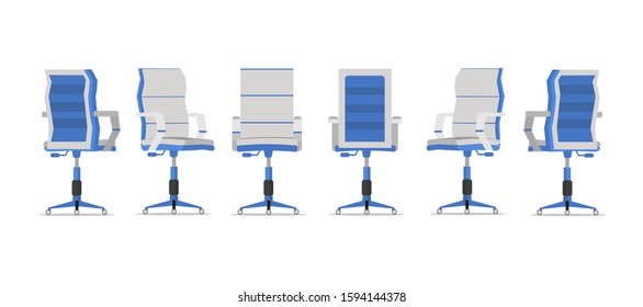 Office chair design with different points of view, used for interior design in flat cartoon style.