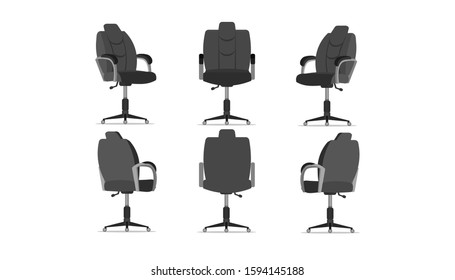 Office chair design with different points of view, used for interior design in flat cartoon style.