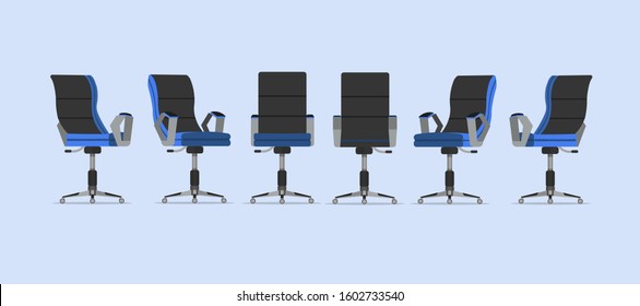 Office chair design with different points of view, used for interior design in flat cartoon style.