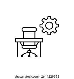 Office chair and desk, cogwheel. Workspace settings, office management, productivity tools configuration, desk organization system, professional environment control. Pixel perfect, editable stroke vec