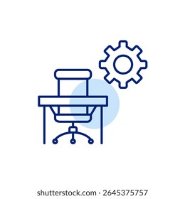 Office chair and desk, cogwheel. Workspace settings, office management, productivity tools configuration, desk organization system, professional environment control. Pixel perfect, editable stroke vec