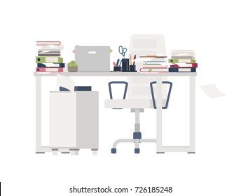 Office chair and desk completely covered with documents, folders, stationery. Table cluttered with papers. Working place and overwhelming amount of work. Colorful flat cartoon vector illustration.