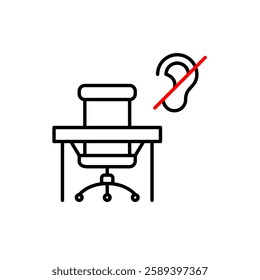 Office chair at desk and ear crossed with red line. Accessibility for deaf or hard-of-hearing individuals in digital workspaces. Productive noise free working environment. Pixel perfect, editable stro