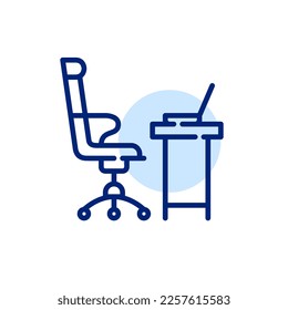 Office chair and desk with laptop on it. Workplace icon. Pixel perfect, editable stroke line