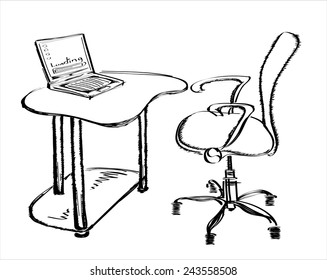 Office Chair And Office Desk With A Laptop. Sketch Style