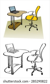 office chair and office desk with a laptop. sketch style