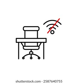 Office chair and desk. No wi-fi symbol. Working offline, no internet. Pixel perfect, editable stroke vector icon