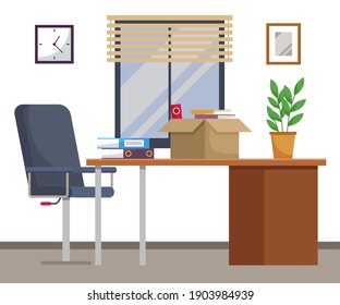 Office chair and office desk with stack of books and cardboard box with things in cozy room interior. Furniture and equipment for the workplace of an employee or office worker, vector interior
