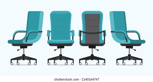 Office chair or desk chair in various points of view. Armchair or stool in front, back, side angles. Furniture for Interior in flat icon design. Vector illustration. - Shutterstock ID 1140164747