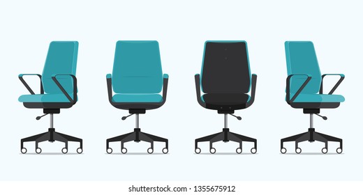 Office chair or desk chair in various points of view. Armchair or stool in front, back, side angles. Furniture for Interior in flat icon design. Vector illustration.