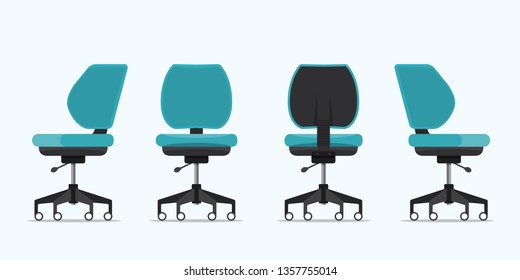 Office chair or desk chair in various points of view. Armchair or stool in front, back, side angles. Blue furniture for Interior in flat design. Vector illustration. - Shutterstock ID 1357755014