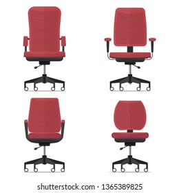Office chair or desk chair in various points of view. Armchair or stool in front view. Red furniture for Interior in flat design. Vector illustration.