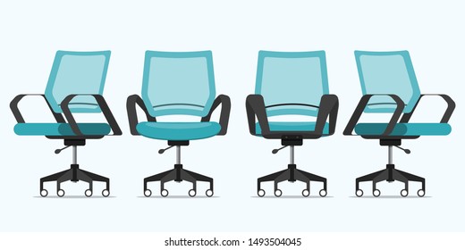 Office chair or desk chair in various points of view. Armchair or stool in front view, rear view, side view. Furniture icon  for Interior design  in flat design. Vector illustration.