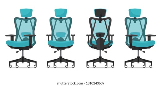 Office Chair Or Desk Chair In Various Points Of View. Ergonomic Chair In Front View, Rear View, Side View. Furniture Icon For Interior Design  In Flat Design. Vector Illustration.