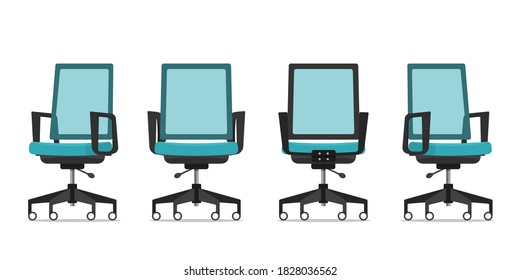 Office chair or desk chair from various points of view. Ergonomic chair in front view, rearview, side view. Furniture icon for Interior design in flat design. Vector illustration.