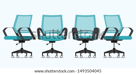 Office chair or desk chair in various points of view. Armchair or stool in front view, rear view, side view. Furniture icon  for Interior design  in flat design. Vector illustration.