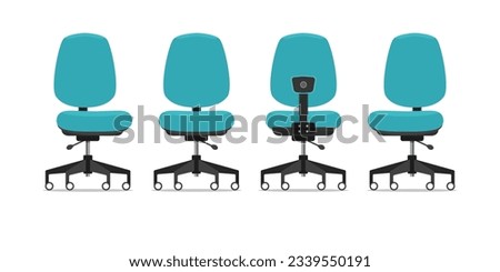 Office chair or desk chair in various points of view. Armchair or work chair in front, back, side angles. Furniture for workplace in flat icon design. Vector illustration.